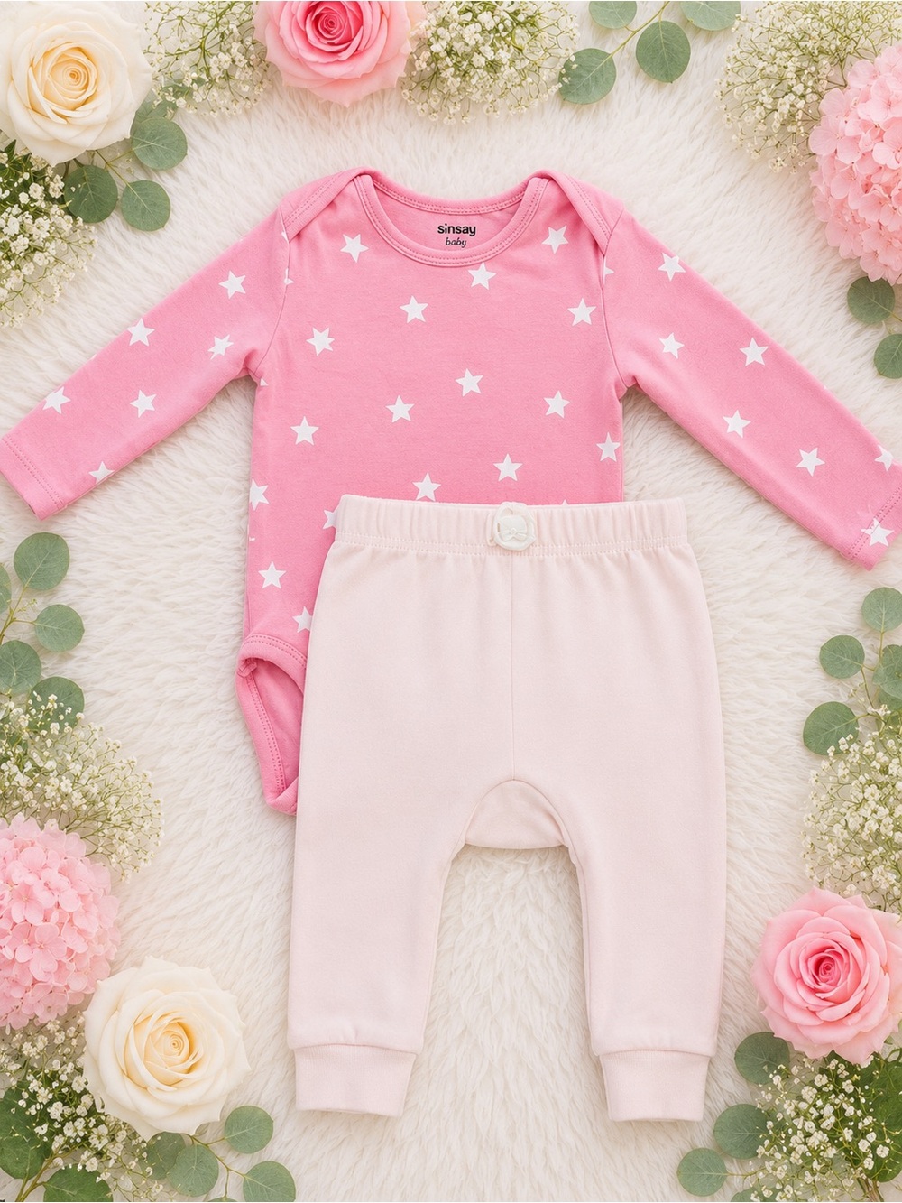 Pink Star Baby Bodysuit and Light Pink Pants Set